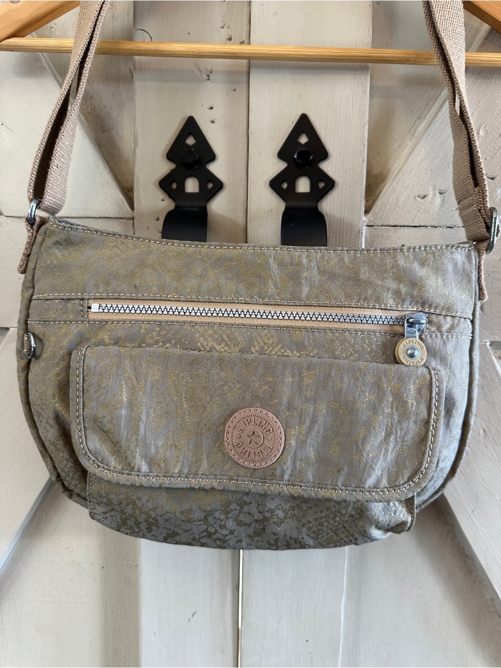 Kipling Syro Shoulder Crossbody Bag Taupe Metallic Gold
